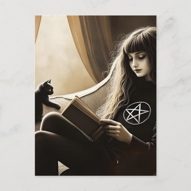 A witch reads with her black kitten postkarte (Vorderseite)