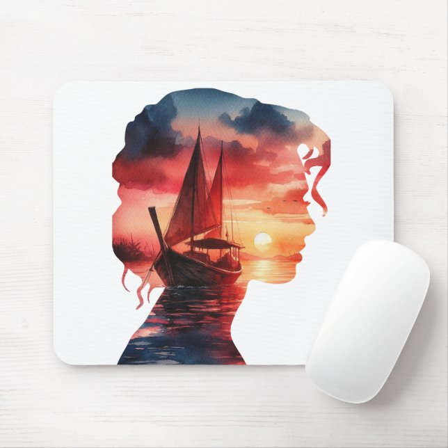 a woman's mask enveloping a sailboat at sunset mousepad (Mit Mouse)