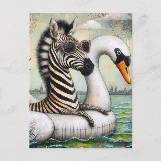 A Zebra on Vacation in a Floating Swan Postkarte (Vorderseite)