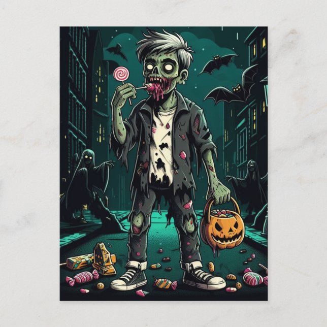 A Zombie Eating Halloween Candy Postkarte (Vorderseite)
