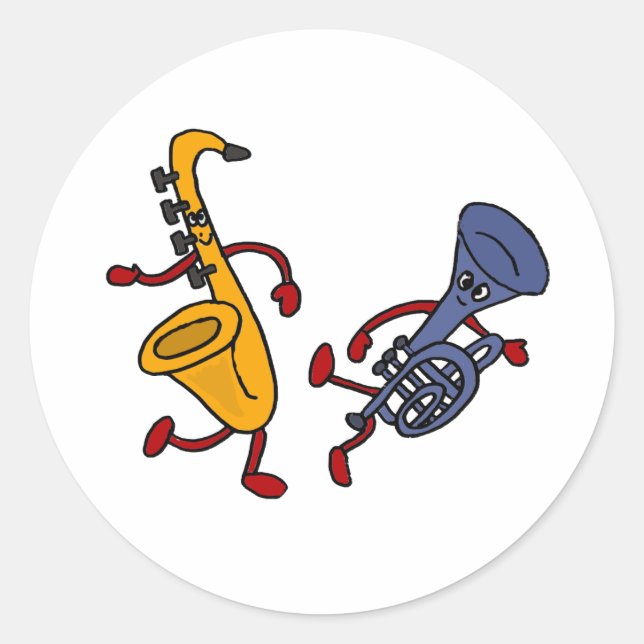 AB Saxophon and Trumpet Dancing Cartoon Runder Aufkleber (Vorderseite)