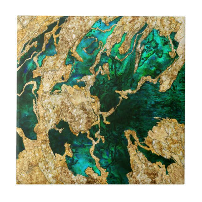 Abalone Green and Gold Cement Mixed Media Abstract Fliese (Vorderseite)