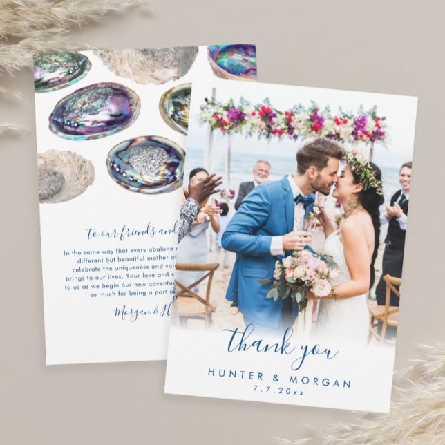 Abalone Muschel Watercolor Beach Hochzeitswohnung Dankeskarte (Abalone Shell flat photo thank you cards for your beach wedding with personalized message)