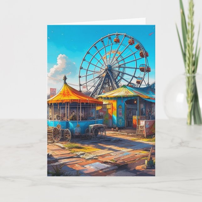 Abandoned Carnival Empty Ferris Wheel and Rides Karte (Vorderseite)