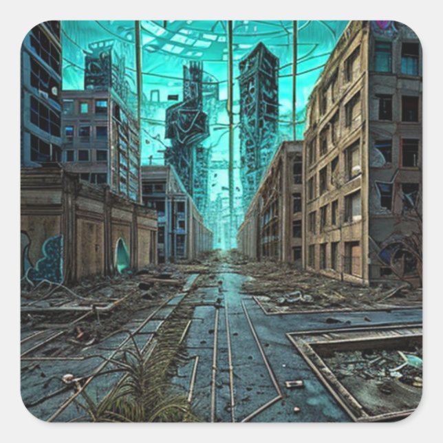 Abandoned City Dystopian AI Generated Artwork Quadratischer Aufkleber (Vorderseite)