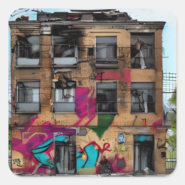 Abandoned Gebäude Abstrakt AI Art Quadratischer Aufkleber (Vorderseite)