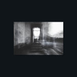 Abandoned Staircase Ghostly Doorway Blur Leinwanddruck<br><div class="desc">A wide stone staircase rises toward an open arched doorway in an abandoned grand interior, captured in stark black and white. Thick motion blur and ghostly double-exposure layers overlap walls, steps, and cracked plaster, creating an ethereal, dreamlike veil across the scene. Soft daylight pours through the threshold, revealing overgrown foliage...</div>