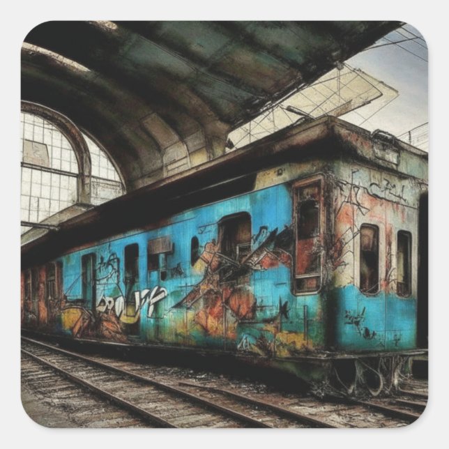 Abandoned Train with Graffiti Urban Street Art Quadratischer Aufkleber (Vorderseite)