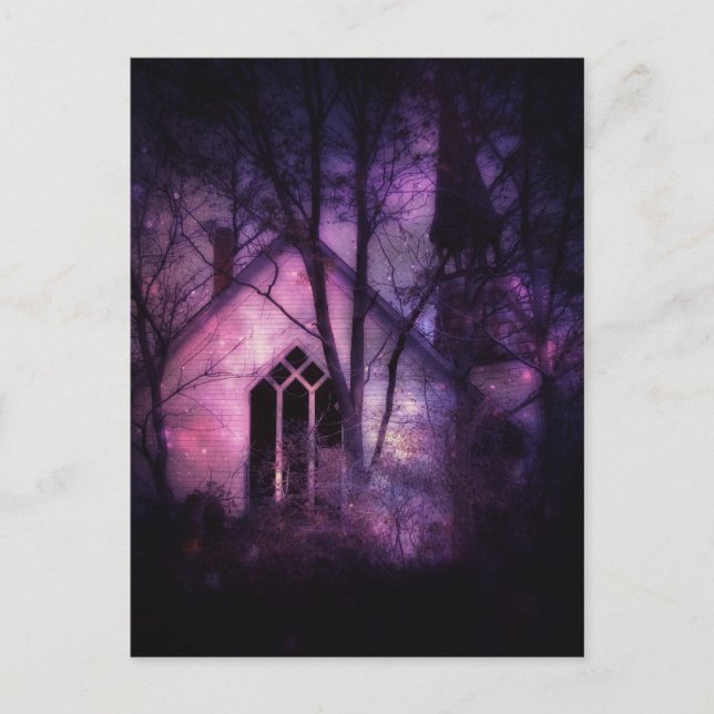 Abandred Church Lila Night Sky Digitale Kunst Postkarte (Vorderseite)