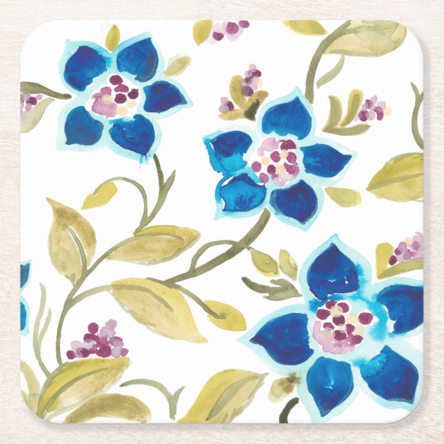 Abbey Floral Tiles - Blue Blooms Rechteckiger Pappuntersetzer (Vorderseite)