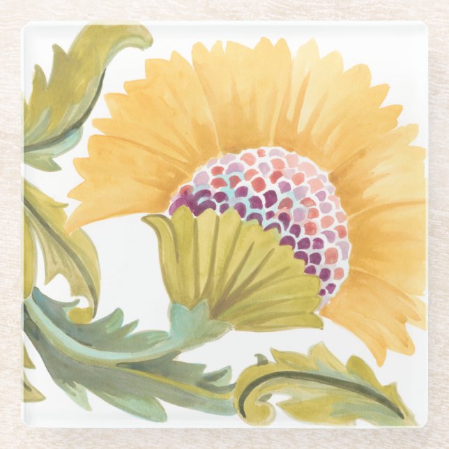 Abbey Floral Tiles - Gelb Glasuntersetzer (Vorderseite)