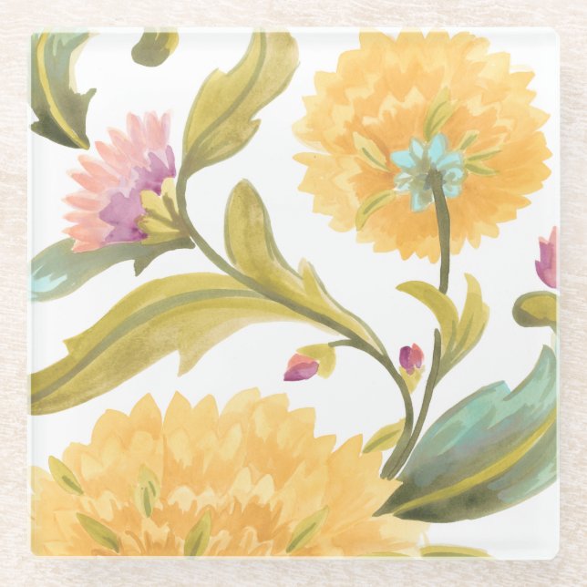 Abbey Floral Tiles - Gelbe Blumen Glasuntersetzer (Vorderseite)