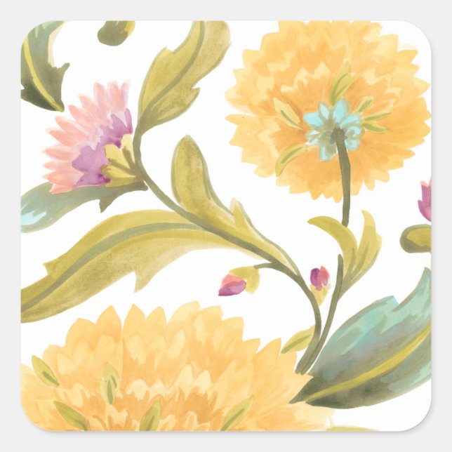 Abbey Floral Tiles - Gelbe Blumen Quadratischer Aufkleber (Vorderseite)