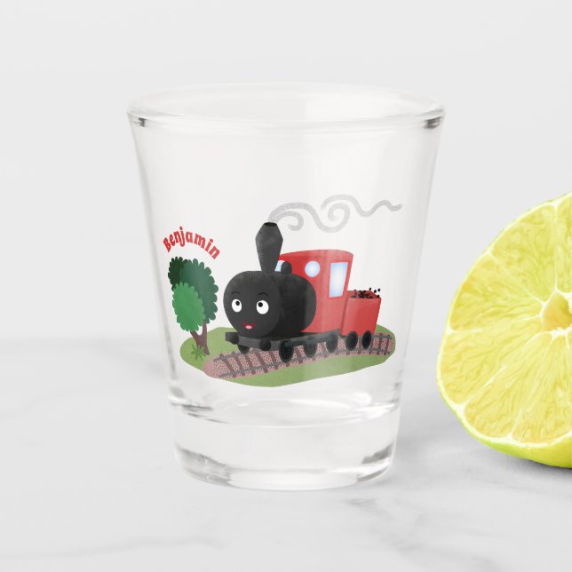 Abbildung des Cartoon der niedlichen Dampfzuglokom Schnapsglas (Vorderseite)
