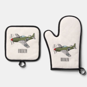 Abbildung des militärischen Flugzeug Cartoon Ofenhandschuh & Topflappen-Set