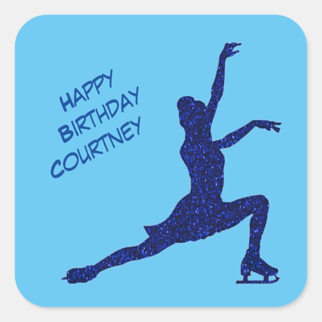 Abbildung Skaten Birthday Blue Sparkle Quadratischer Aufkleber (Vorderseite)