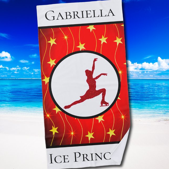 Abbildung Skaten "Ice Princess" Gold Star Strandtuch (Figure Skating Red "Ice Princess" Gold Star Beach Towel)
