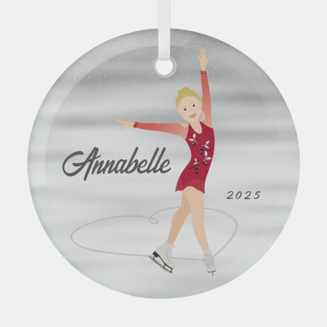 Abbildung Skater Blonde in Rot Ornament Aus Glas (Vorderseite)