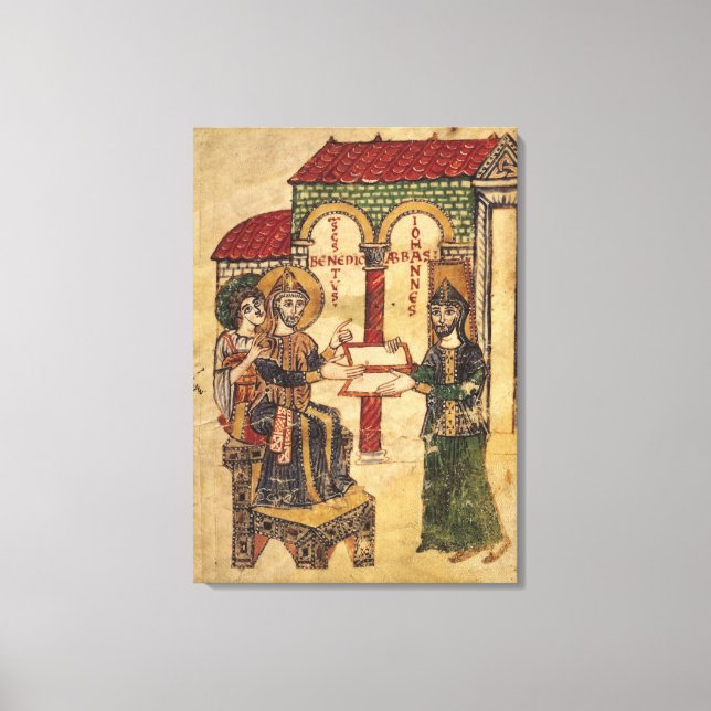 Abbot John bietet Manuskript Benedict an Leinwanddruck (Vorderseite)