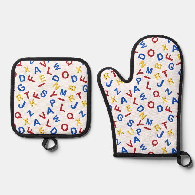 ABC Alphabet Letters Red Yellow Blue Ofenhandschuh & Topflappen-Set (Vorderseite)