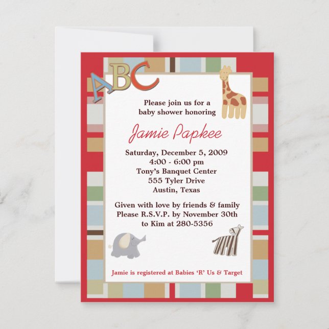 ABC Alphabet Soupe Baby shower rayé Invitation (Devant)