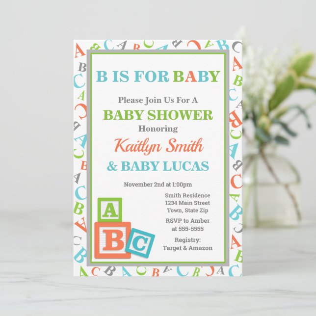 ABC Baby Dusche Einladung neutrale Babydusche (Stehend Vorderseite)