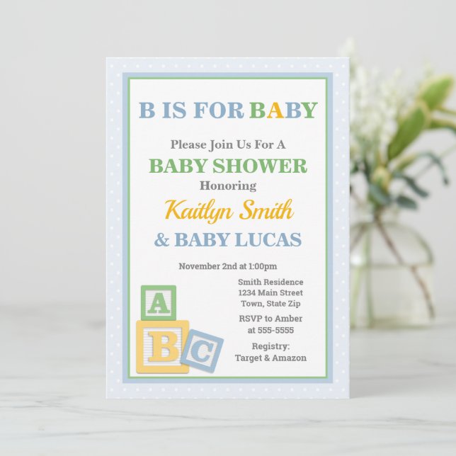 ABC Baby Dusche Einladung neutrale Babydusche (Stehend Vorderseite)