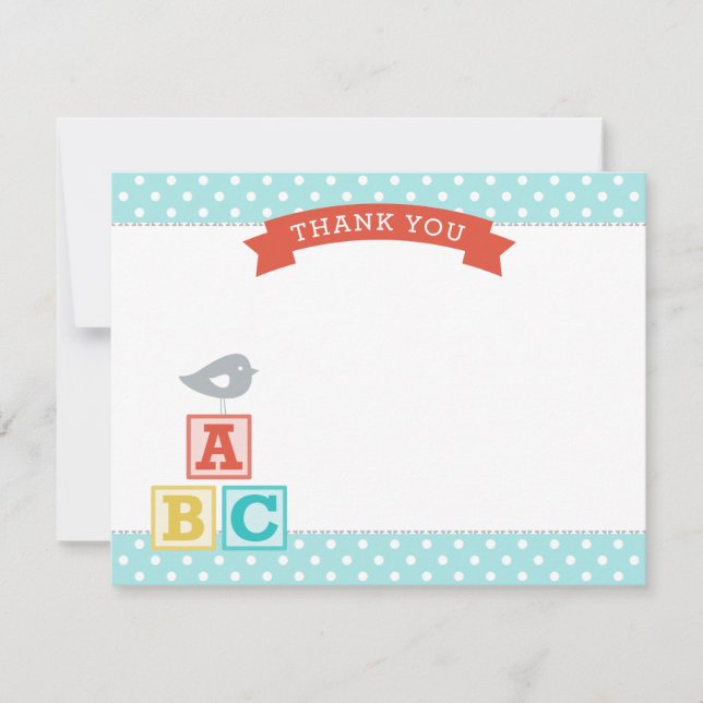 ABC blockiert Aqua und Red Neutral Baby Shower Dankeskarte (Vorderseite)