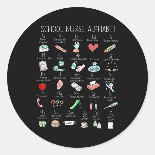 Abc School Nurse Alphabet Nurse Apprecision Nurse  Runder Aufkleber (Vorderseite)