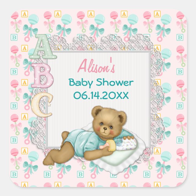 ABC Teddy Pink und Aqua Baby Dusche Quadratischer Aufkleber (Vorderseite)