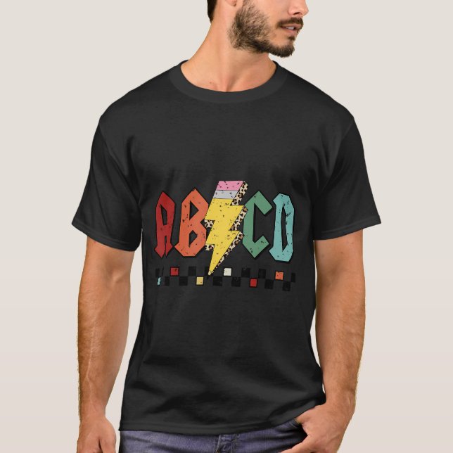 Abcd Bleistift Blitzen Rock'n Roll Lehrer zurück z T-Shirt (Vorderseite)