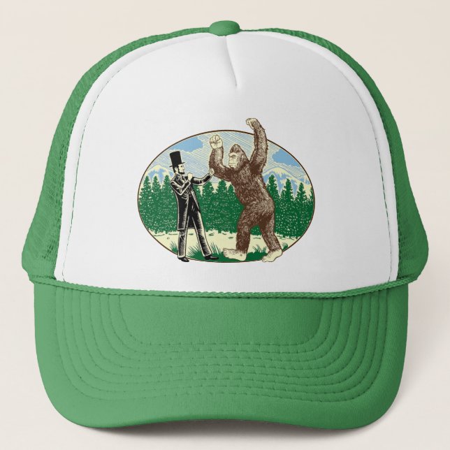 ABE LINCOLN: SASQUATCH HUNTER - Funny Bigfoot Logo Truckerkappe (Vorderseite)