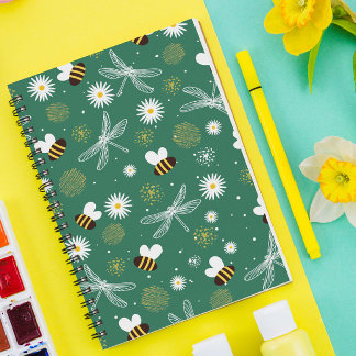 Abeille, libellule et Carnet spiral à fleurs