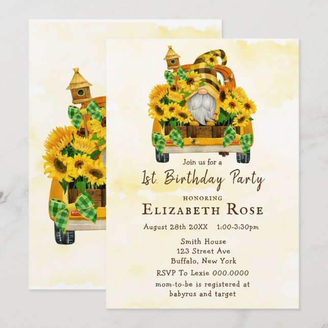 Abeilles de tournesol Gnome 1Er. Invitations de fê (Devant / Derrière)