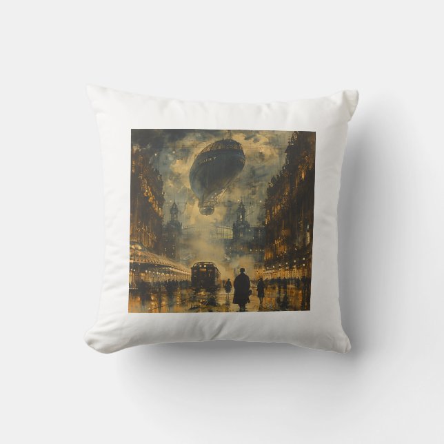 Abend Ankunft - Eine Steampunk Street Szene Kissen (Vorderseite)
