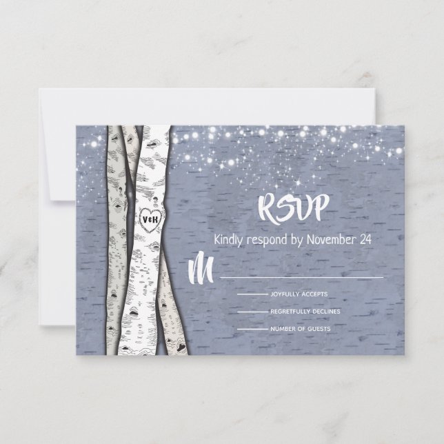 Abend Birch Tree Hochzeit Tinkle Lichter UAWG RSVP Karte (Vorderseite)