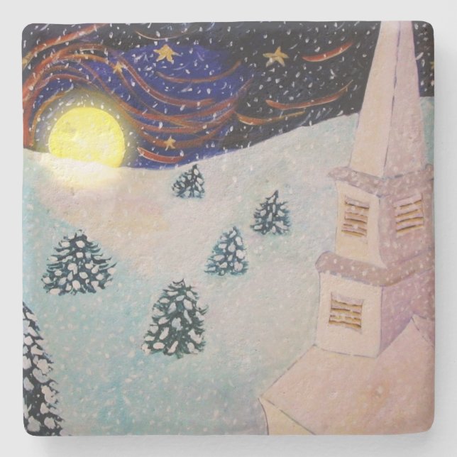 Abend Church Snowszene Steinuntersetzer (Vorderseite)