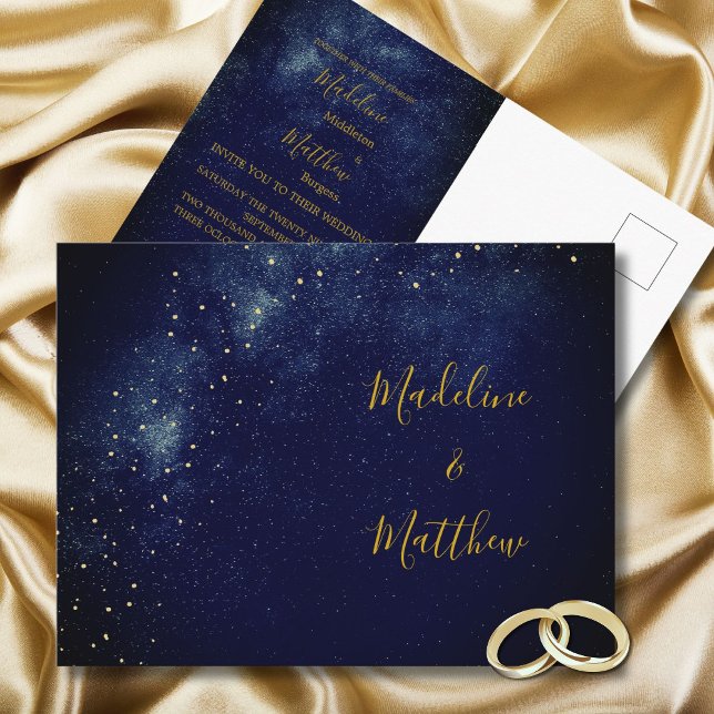Abend Gold Stars Blauer Astral Einladung zur Hochz Postkarte (Von Creator hochgeladen)