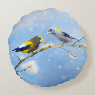 Abend Grosbeak Malerei - Niedliche Original Hunde  Rundes Kissen