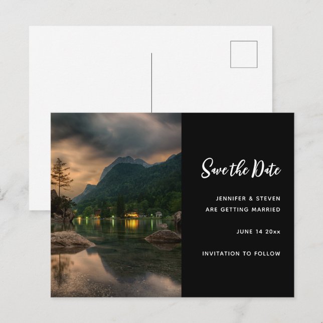 Abend Mountain Lake Foto Save the Date Einladungspostkarte (Vorne/Hinten)