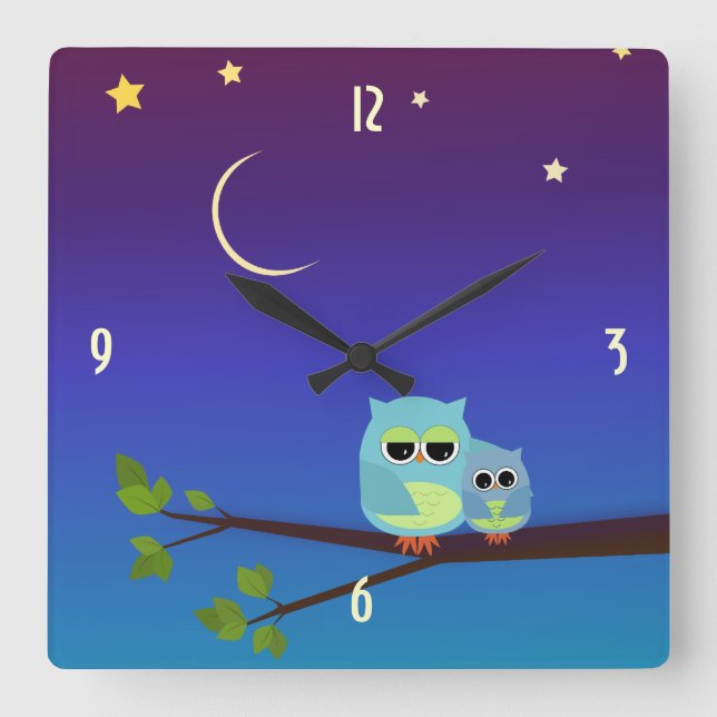 Abend Owls Wall Clock Quadratische Wanduhr (Vorderseite)