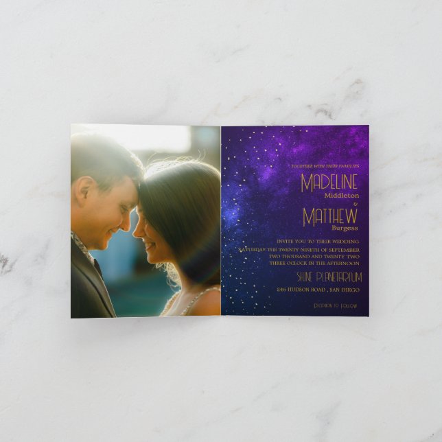 Abend Sky Astral Gold Star Foto Lila Wedding Einladung (Innenseite)
