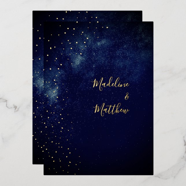 Abend Sky Astral Gold Stars Blue Wedding Folieneinladung (Vorderseite/Rückseite)