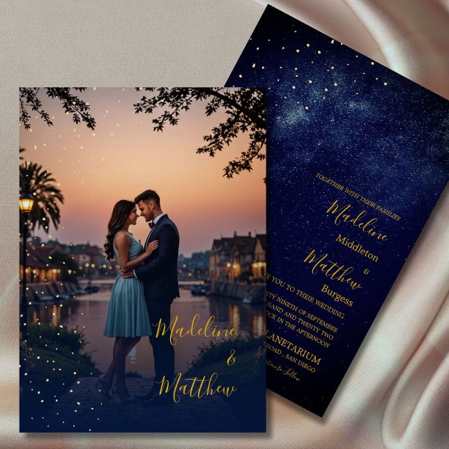 Abend Sky Astral Gold Stars Foto Blue Wedding Einladung (Von Creator hochgeladen)
