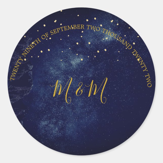 Abend Sky Moon Gold Stars Blue Wedding Runder Aufkleber (Vorderseite)