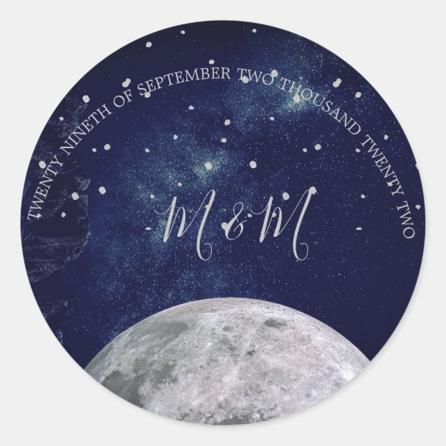 Abend Sky Moon Silver Stars Blue Wedding Runder Aufkleber (Vorderseite)
