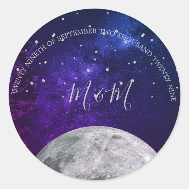 Abend Sky Moon Silver Stars Lila Hochzeit Runder Aufkleber (Vorderseite)