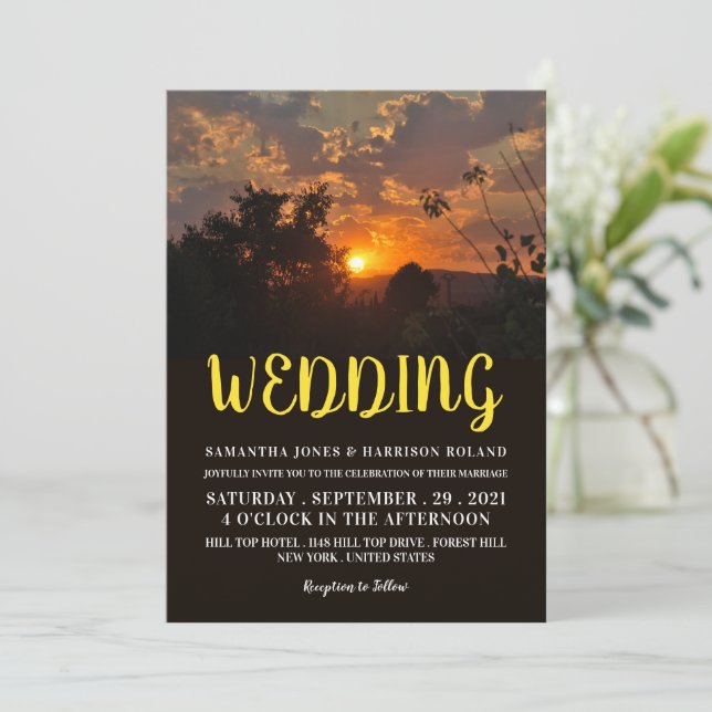 Abend Sonnenuntergang, rustikale Hochzeit Einladung (Stehend Vorderseite)