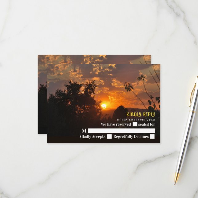 Abend Sonnenuntergang, rustikale Hochzeit RSVP Karte (Vorderseite/Rückseite Beispiel)