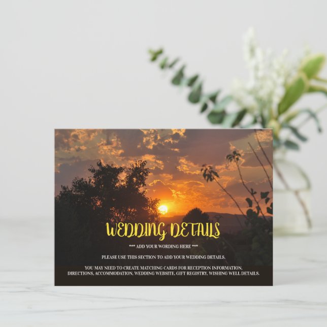 Abend Sonnenuntergang, rustikale Hochzeitsszene Begleitkarte (Stehend Vorderseite)